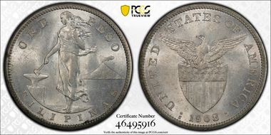 1908-S Peso KM-172  Ag MS62