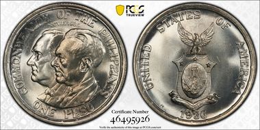 1936-M Peso Roosevelt-Quezon KM-177  Ag MS66
