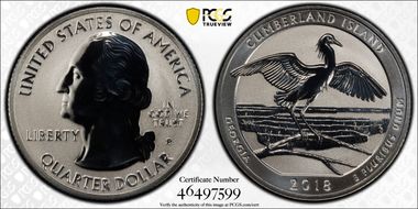 2018-S 25C Cumberland Is. NP-Silver Rev PR 50th Anniversary Set PR70