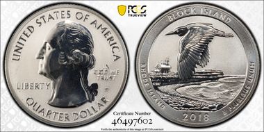 2018-S 25C Block Island NP-Silver Rev PR 50th Anniversary Set PR69