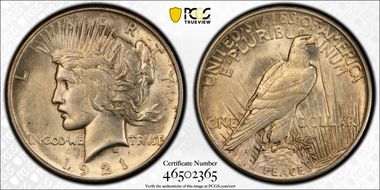 1921 $1 High Relief, Peace MS62