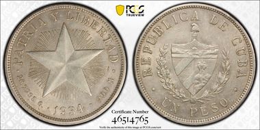 1934 Peso KM-15.2  Ag AU58