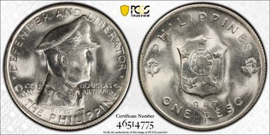 1947-S Peso Douglas MacArthur KM-185  Ag MS65
