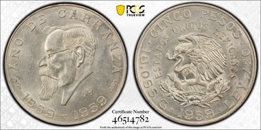 1959-Mo 5 Peso Carranza KM-471  Ag MS62