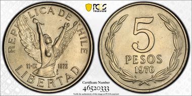 1976 5 Peso 3rd Ann. of New Gov. MS66