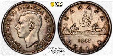 1947 S$1 Pointed 7 Quadrupled HP AU53