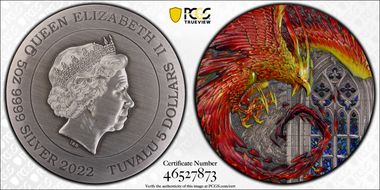 2022 $5 Rising Phoenix 5oz Ag Antique Finish First Strike MS69