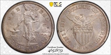 1908-S Peso KM-172  Ag AU58