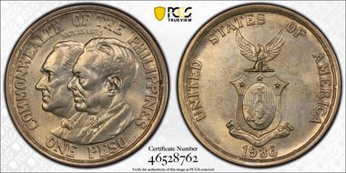 1936-M Peso Roosevelt-Quezon KM-177  Ag MS63
