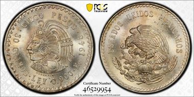 1948-Mo 5 Peso Cuauhtemoc KM-465  Ag MS67