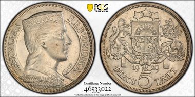 1929 5 Lat KM-9  Ag AU58