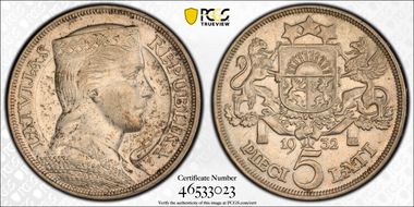 1932 5 Lat KM-9  Ag AU58