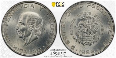 1956-Mo 5 Peso MS64