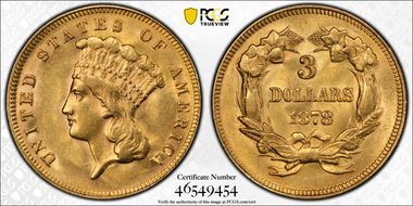 1878 $3 AU58+