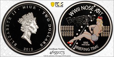2012 $2 Briefing Time WWII Nose Art Colorized PR69DCAM