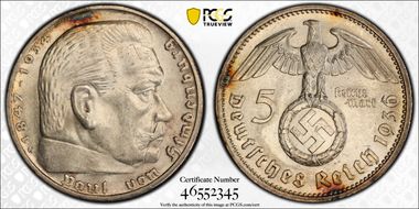 1936-G 5 Mk Swastika J-367 MS63