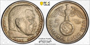 1936-J 5 Mk Swastika J-367 AU58