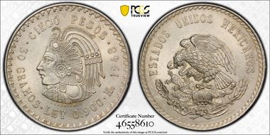 1948-Mo 5 Peso Cuauhtemoc KM-465  Ag MS64