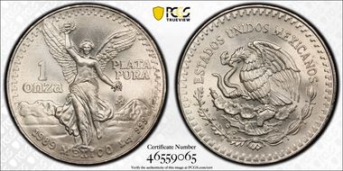 1989-Mo Onza Libertad Ag w/o Dot before 999 MS68+