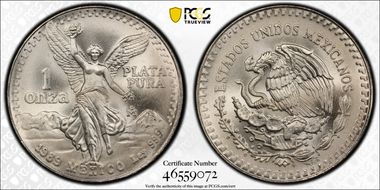 1989-Mo Onza Libertad Ag w/o Dot 999 MS68+