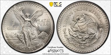 1989-Mo Onza Libertad Ag w/o Dot 999 MS68+ 