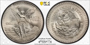 1989-Mo Onza Libertad Ag w/o Dot 999 MS68+