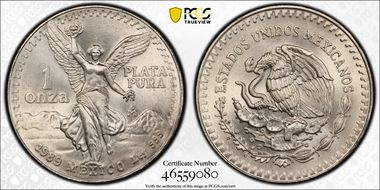 1989-Mo Onza Libertad Ag w/o Dot before 999 MS68