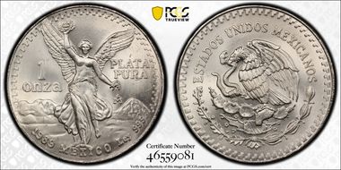 1989-Mo Onza Libertad Ag w/o Dot before 999 MS68