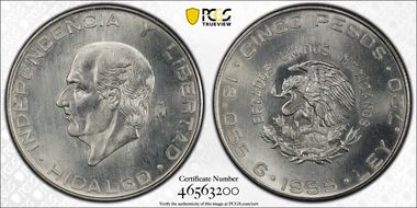 1955-Mo 5 Peso KM-469  Ag MS66