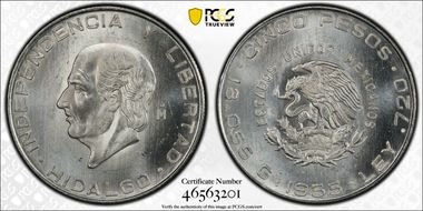 1955-Mo 5 Peso KM-469  Ag MS66