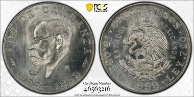 1959-Mo 5 Peso Carranza KM-471  Ag MS65