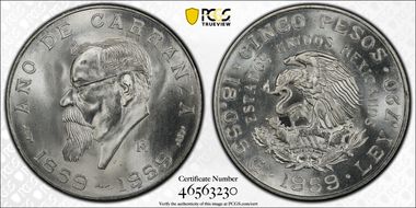 1959-Mo 5 Peso Carranza KM-471  Ag MS66