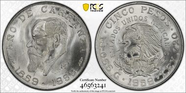 1959-Mo 5 Peso Carranza KM-471  Ag MS65