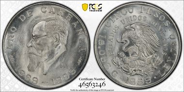 1959-Mo 5 Peso Carranza KM-471  Ag MS66