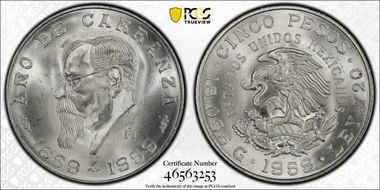 1959-Mo 5 Peso Carranza KM-471  Ag MS66