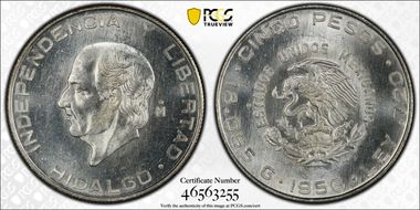 1956-Mo 5 Peso MS65
