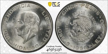 1956-Mo 5 Peso Hidalgo KM-469  Ag MS66