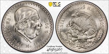 1947-Mo Peso KM-456  Ag MS65