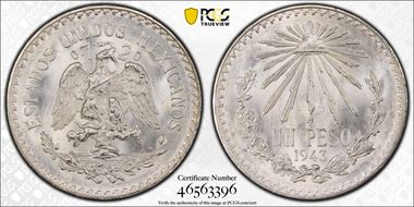 1943-M Peso KM-455  Ag MS67