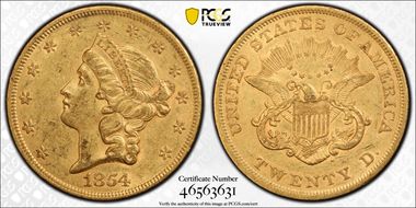 1854 $20 Small Date AU55