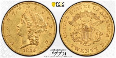 1855 $20 AU58+ 