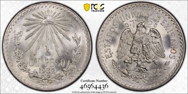 1932-M Peso KM-455  Ag Closed 9 MS66