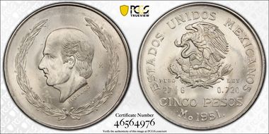 1951-Mo 5 Peso Hildago KM-467  Ag MS64