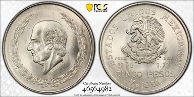 1951-Mo 5 Peso Hildago KM-467  Ag MS65