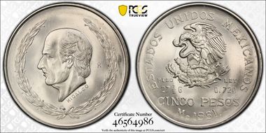 1951-Mo 5 Peso Hildago KM-467  Ag MS66