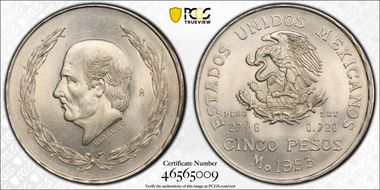 1953-Mo 5 Peso Hidalgo KM-467 Ag MS66