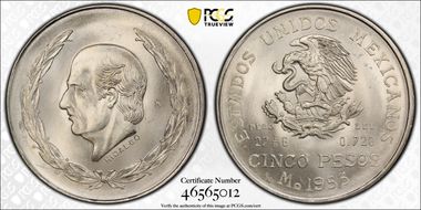 1953-Mo 5 Peso Hidalgo KM-467 Ag MS66