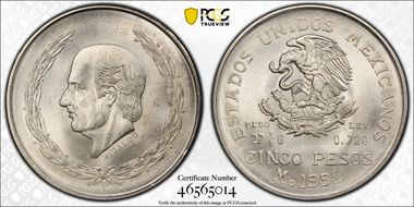 1952-Mo 5 Peso Hidalgo KM-467  Ag MS65