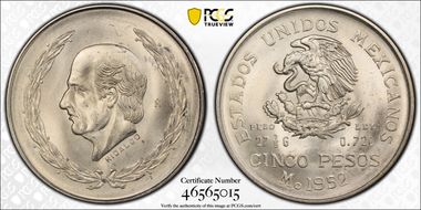 1952-Mo 5 Peso Hidalgo KM-467  Ag MS66