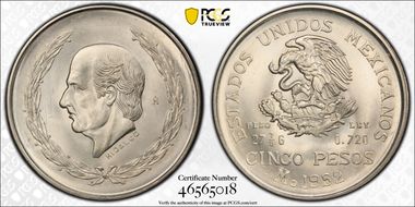 1952-Mo 5 Peso Hidalgo KM-467  Ag MS66